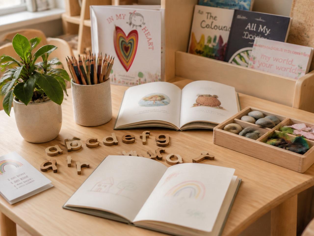Calm, warm home education learning nook with wooden alphabet letters, open storybooks, coloured pencils, a sketchbook and a small tray of natural sensory materials on a light oak table